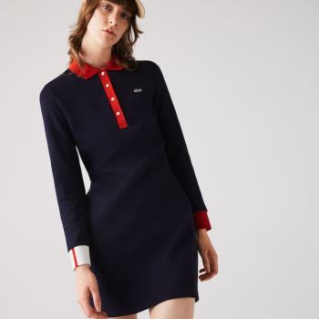 Lacoste Made In France Stretch Cotton Jersey Polo Dress Dámské - Šaty Tmavě Blankyt Blankyt / Červen